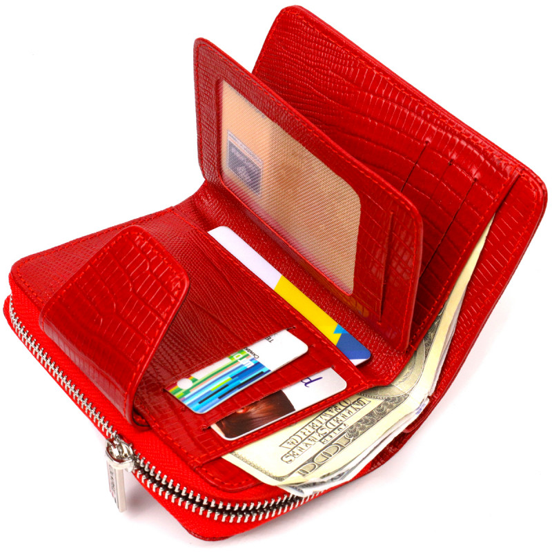 Фактурное женское вертикальное портмоне с монетницей на молнии из натуральной кожи с тиснением CANPELLINI Красное