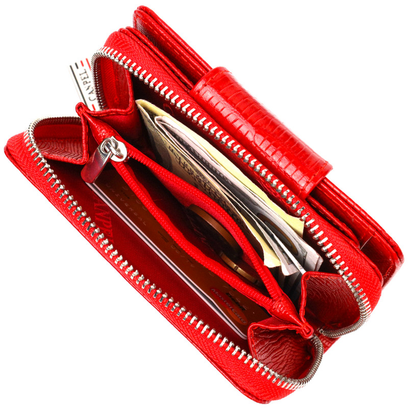 Фактурное женское вертикальное портмоне с монетницей на молнии из натуральной кожи с тиснением CANPELLINI Красное