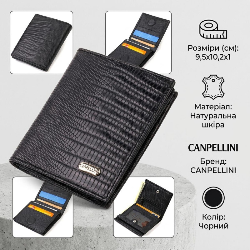 Кожаное компактное портмоне для мужчин с тиснением CANPELLINI Черное