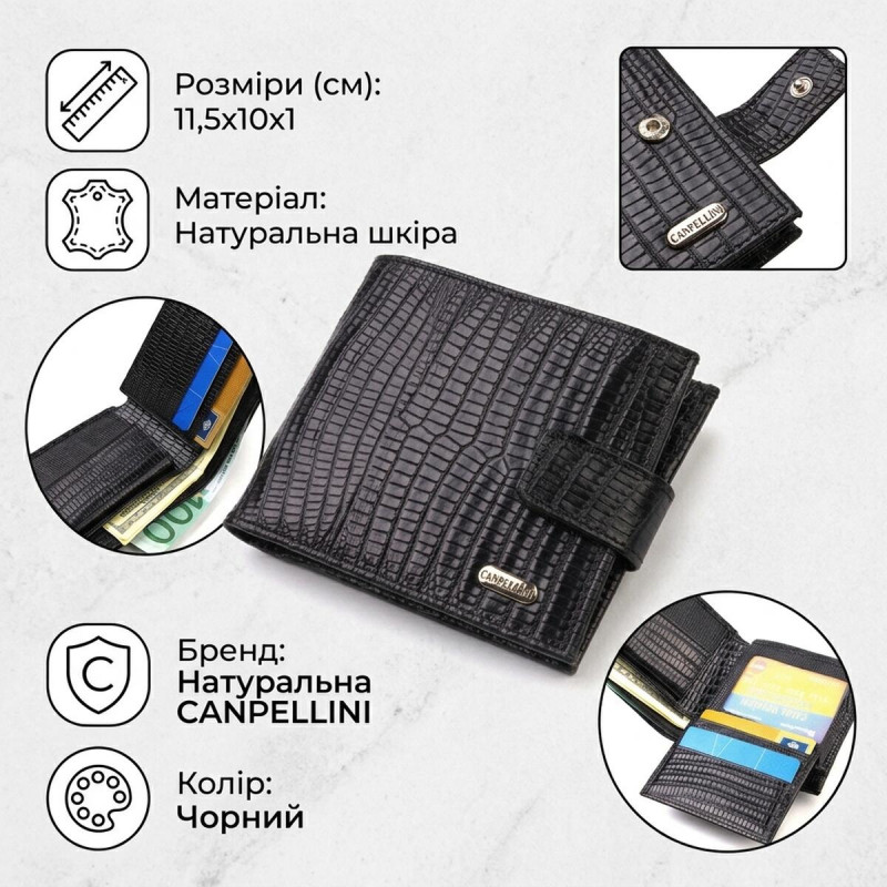 Оригінальний фактурний гаманець горизонтального формату з натуральної шкіри з тисненням CANPELLINI Чорний