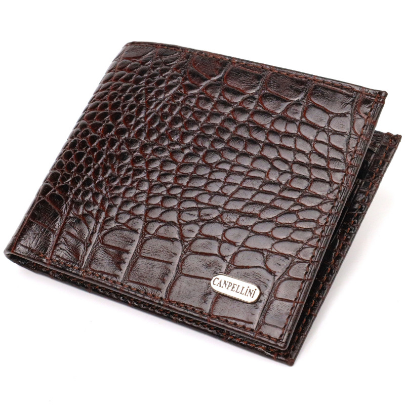 Стильное мужское портмоне из натуральной фактурной кожи с тиснением под крокодила CANPELLINI Коричневое