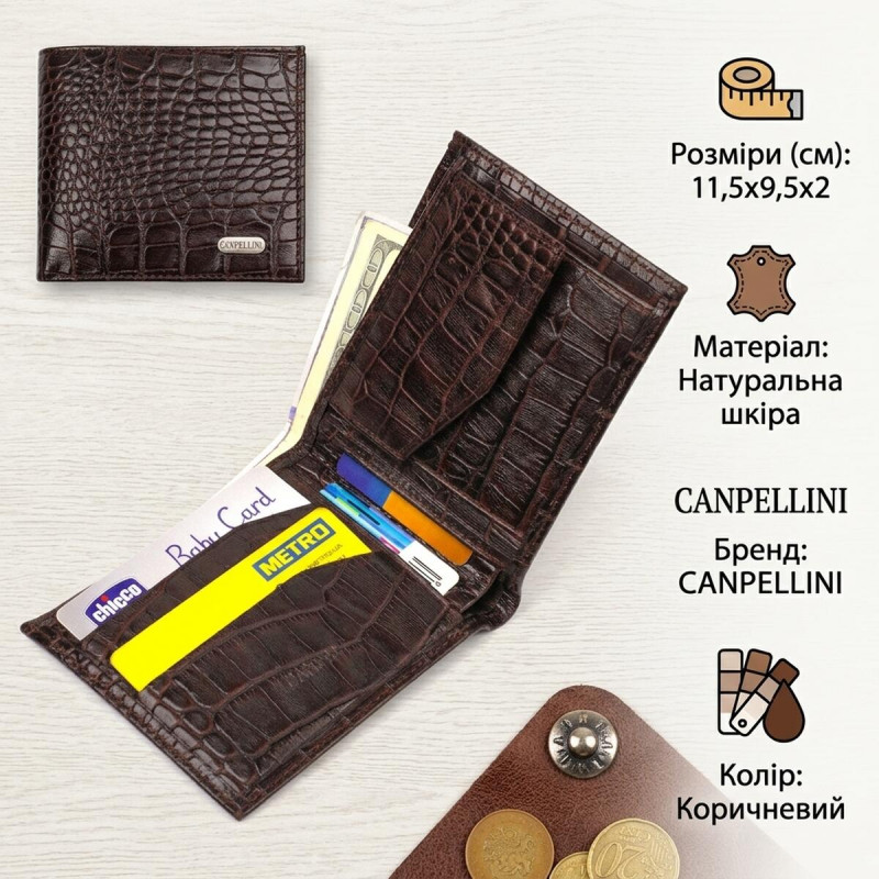 Стильне чоловіче портмоне з натуральної фактурної шкіри з тисненням під крокодила CANPELLINI Коричневе