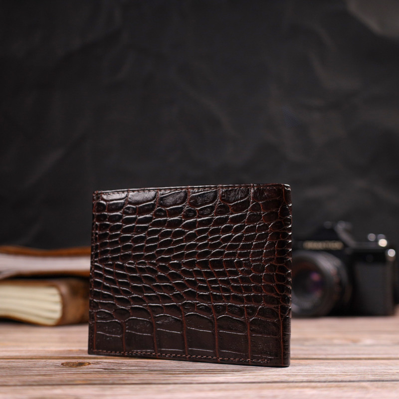 Стильное мужское портмоне из натуральной фактурной кожи с тиснением под крокодила CANPELLINI Коричневое