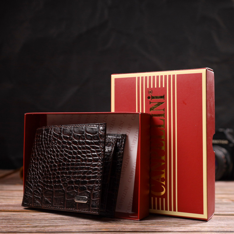 Стильное мужское портмоне из натуральной фактурной кожи с тиснением под крокодила CANPELLINI Коричневое