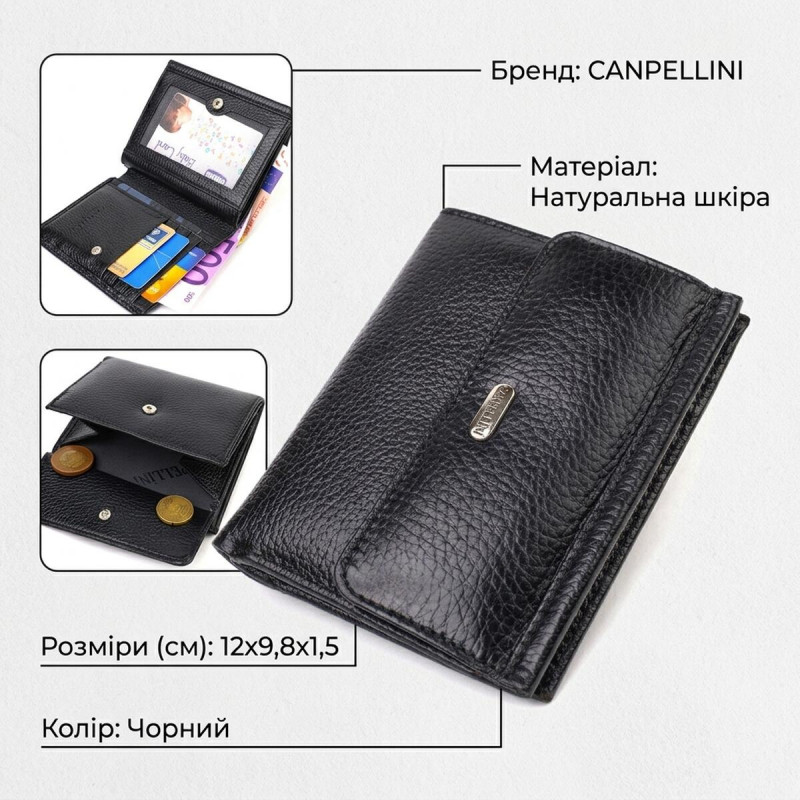 Гаманець для жінок середнього розміру з натуральної шкіри CANPELLINI Чорний