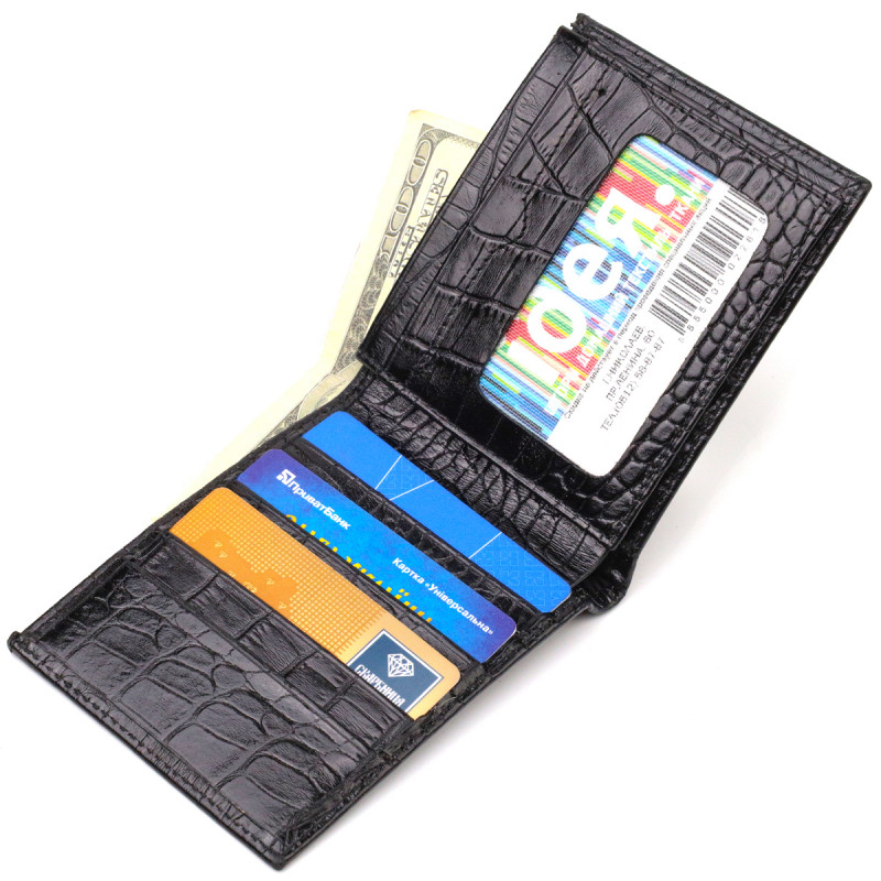 Стильное мужское портмоне из натуральной кожи с тиснением под крокодила CANPELLINI Черный