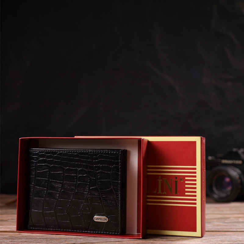 Стильное мужское портмоне из натуральной кожи с тиснением под крокодила CANPELLINI Черный