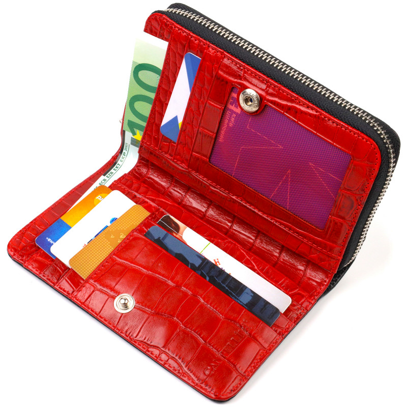 Стильное женское портмоне среднего размера из натуральной кожи с тиснением под крокодила CANPELLINI Черное