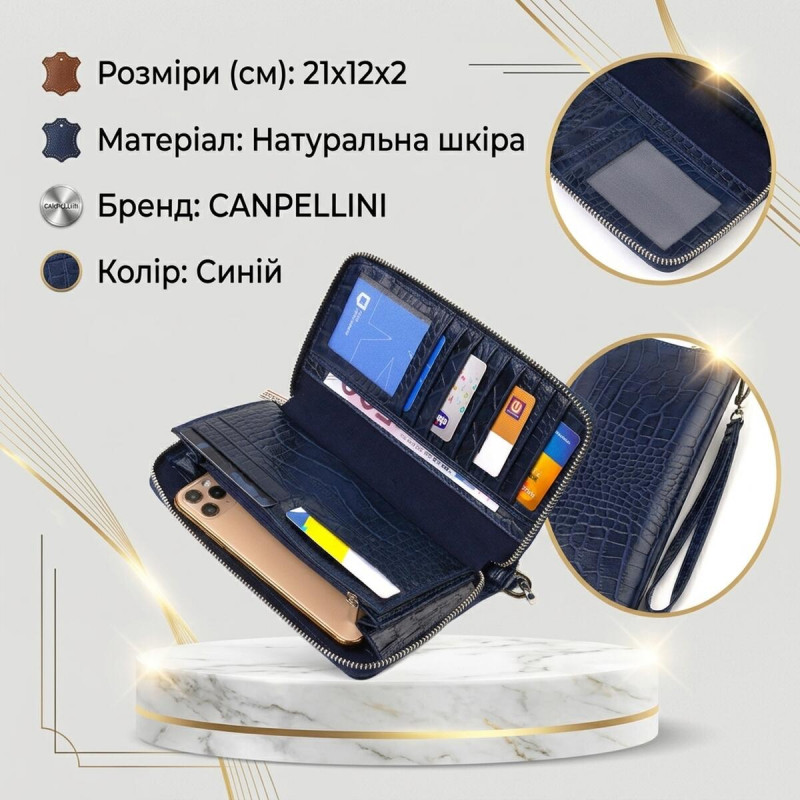 Зручний клатч для жінок із натуральної шкіри із тисненням під крокодила CANPELLINI Синій
