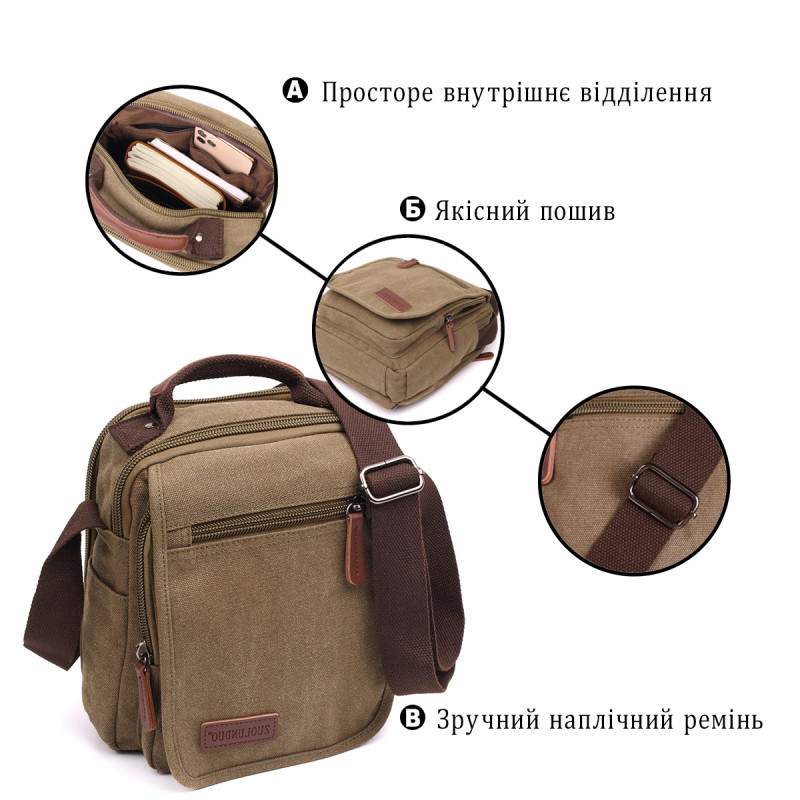 Сумка почтальонка на плечо из плотного текстиля Vintage Оливковый