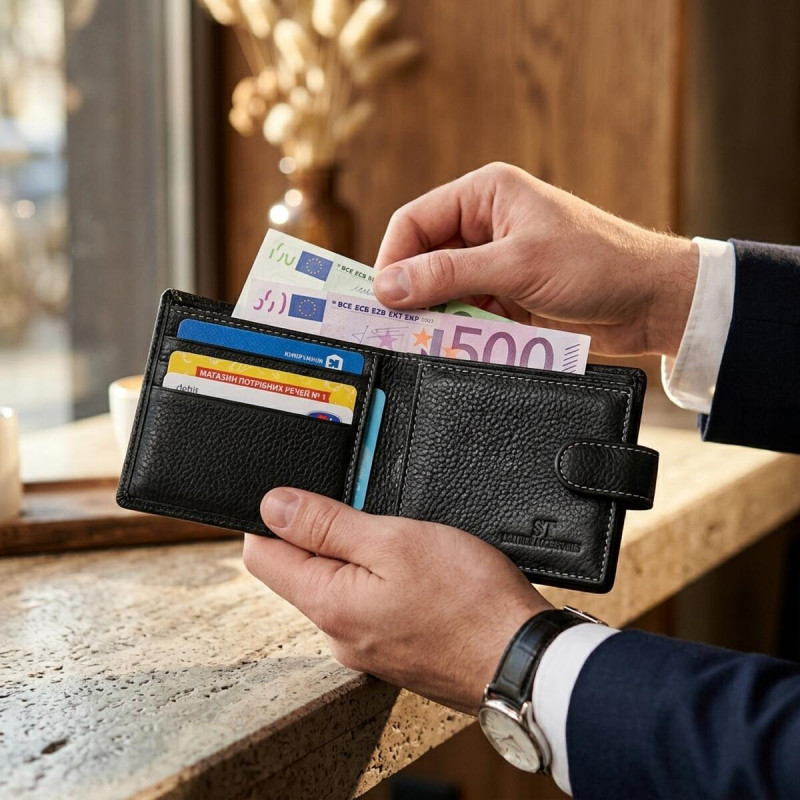 Гаманець для чоловіків зручного розміру із натуральної шкіри ST Leather Чорний