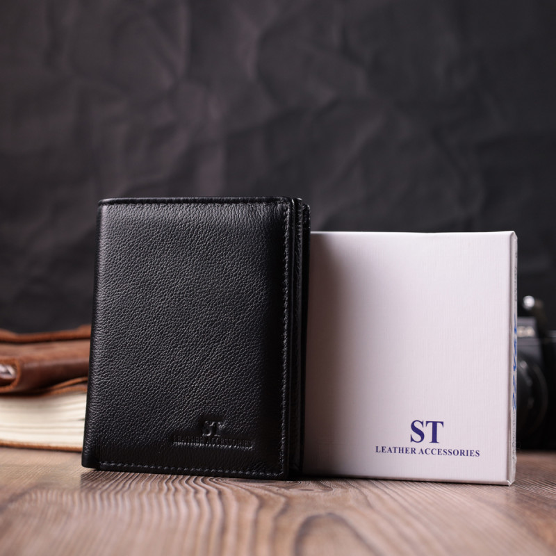 Вертикальный кошелек для стильных мужчин из натуральной кожи ST Leather Черный