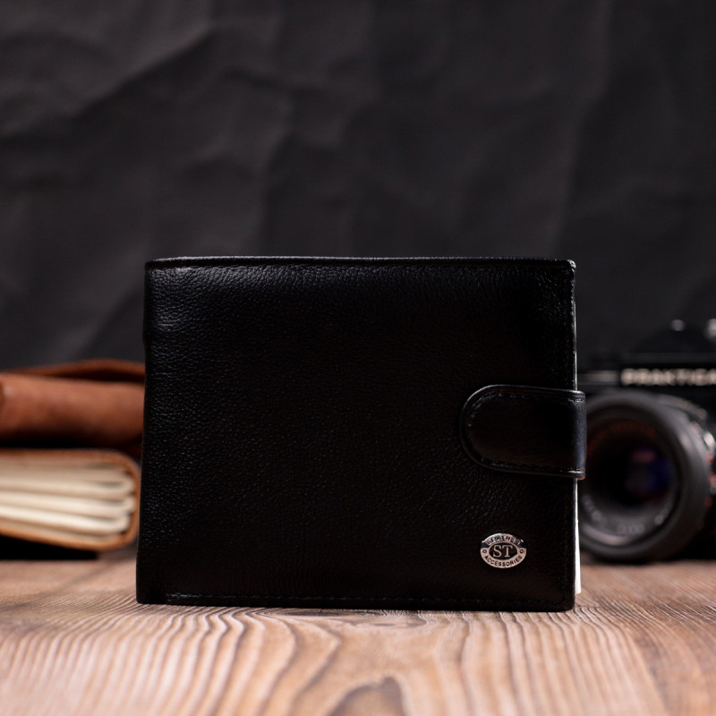 Мужской горизонтальный бумажник из натуральной кожи ST Leather Черный