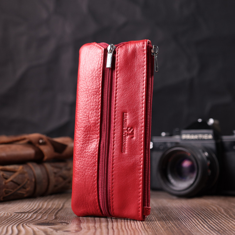 Яркая кожаная ключница на молнии ST Leather Красный