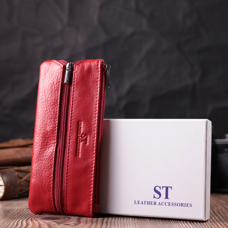 Яркая кожаная ключница на молнии ST Leather Красный