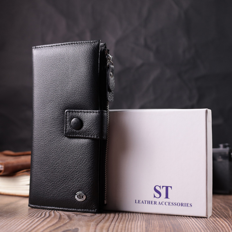 Лаконичный женский вертикальный кошелек-клатч из натуральной кожи ST Leather Черный
