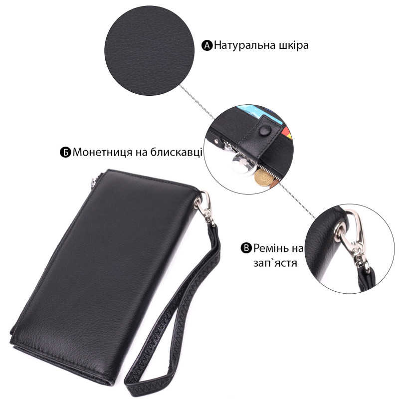 Лаконичный женский вертикальный кошелек-клатч из натуральной кожи ST Leather Черный