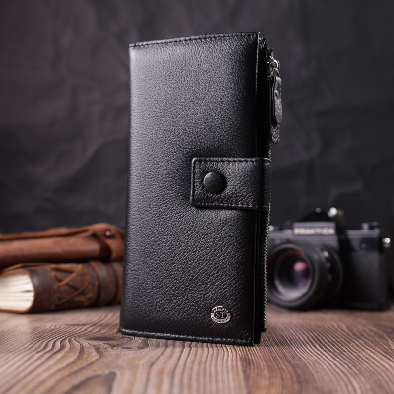 Лаконичный женский вертикальный кошелек-клатч из натуральной кожи ST Leather Черный