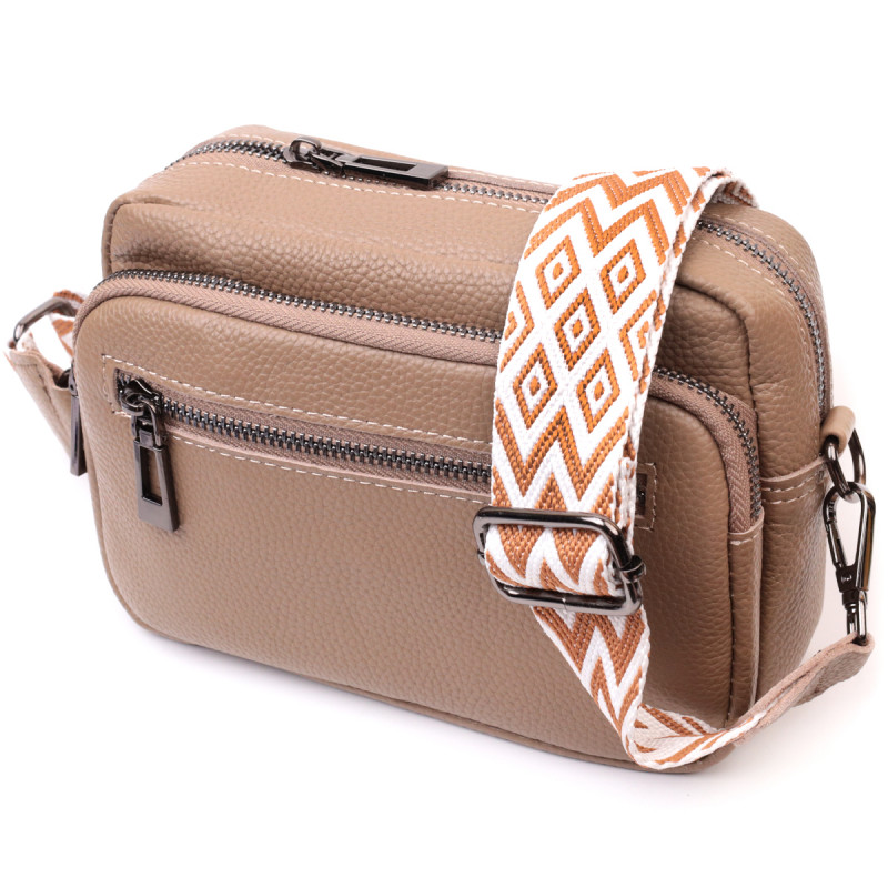 Практичная женская сумка с накладным карманом из натуральной кожи Vintage Бежевая