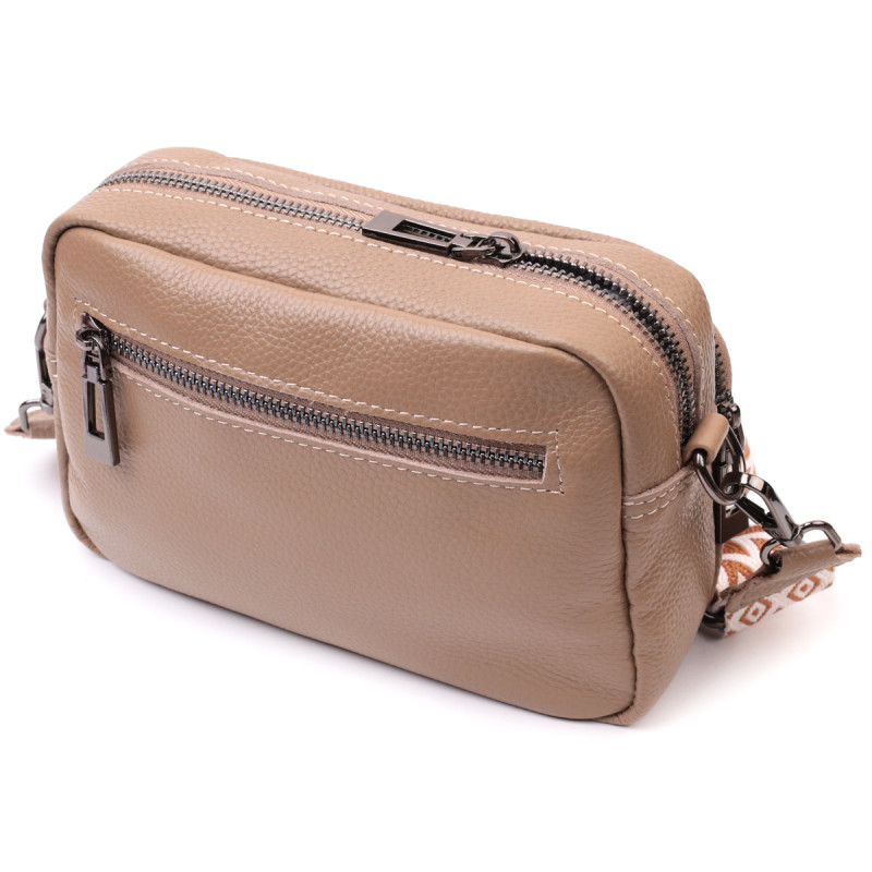 Практичная женская сумка с накладным карманом из натуральной кожи Vintage Бежевая