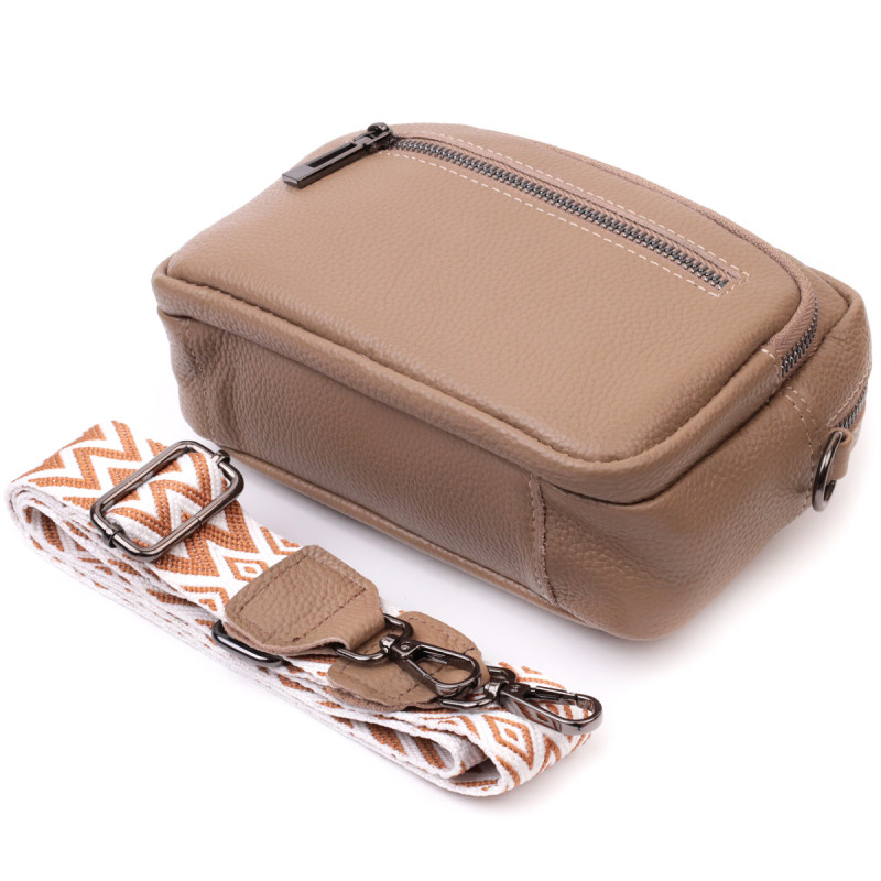 Практичная женская сумка с накладным карманом из натуральной кожи Vintage Бежевая