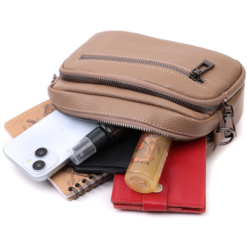 Практичная женская сумка с накладным карманом из натуральной кожи Vintage Бежевая