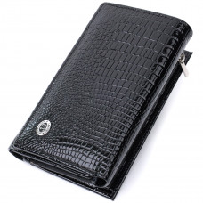 Женский кошелек в три сложения из лакированной фактурной натуральной кожи ST Leather Черный