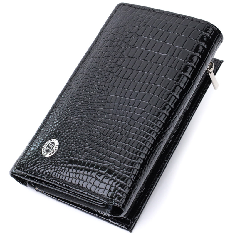 Женский кошелек в три сложения из лакированной фактурной натуральной кожи ST Leather Черный