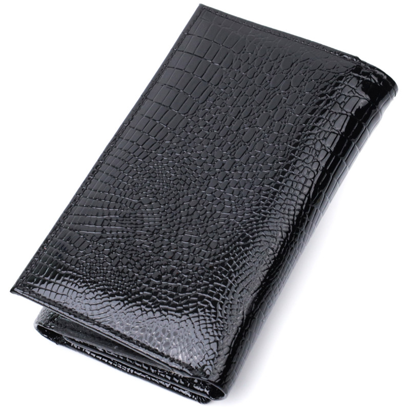 Женский кошелек в три сложения из лакированной фактурной натуральной кожи ST Leather Черный