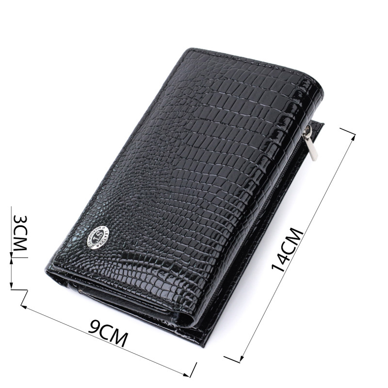Женский кошелек в три сложения из лакированной фактурной натуральной кожи ST Leather Черный
