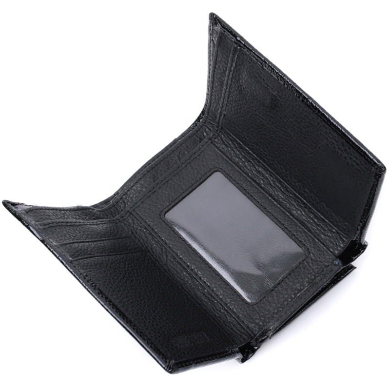 Женский кошелек в три сложения из лакированной фактурной натуральной кожи ST Leather Черный