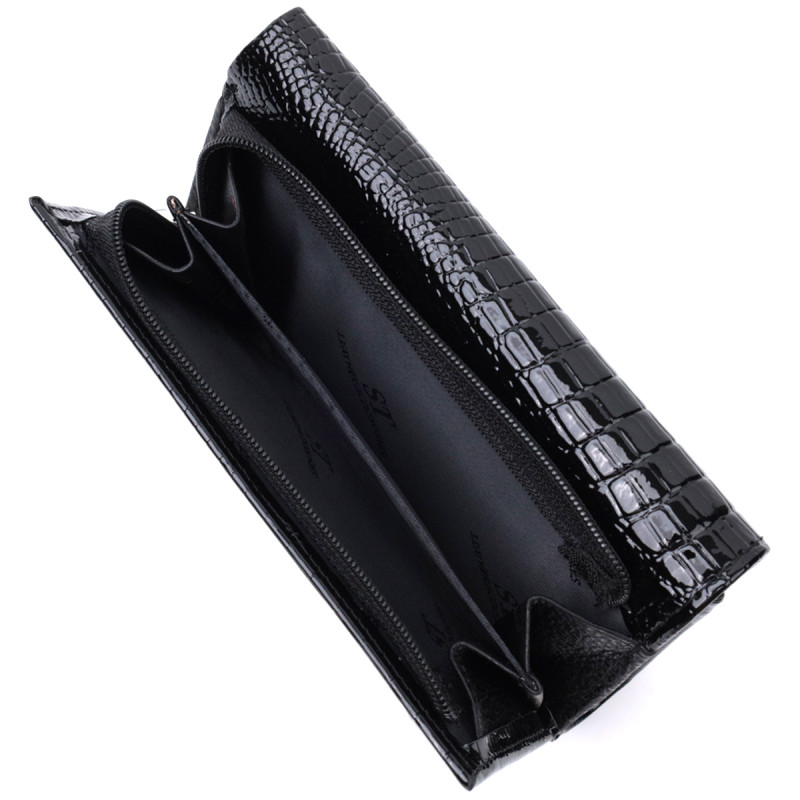 Женский кошелек в три сложения из лакированной фактурной натуральной кожи ST Leather Черный