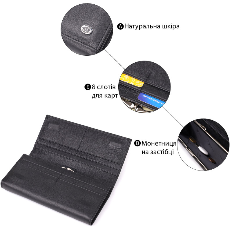 Солидный женский кошелек из натуральной кожи ST Leather Черный