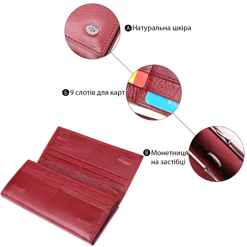 Элегантный кошелек для женщин с монетницей из натуральной кожи ST Leather Бордовый