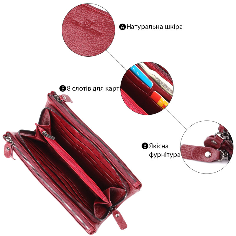 Кожаный кошелек на три отделения для женщин ST Leather Бордовый