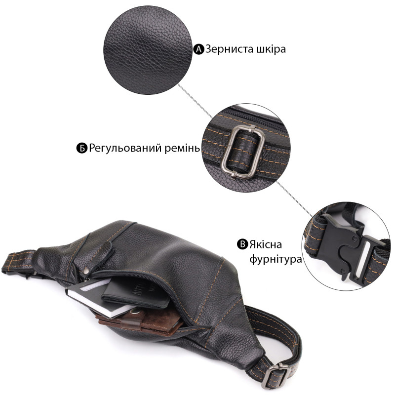 Приваблива сумка-бананка для чоловіків з натуральної шкіри зернистої Shvigel Чорний