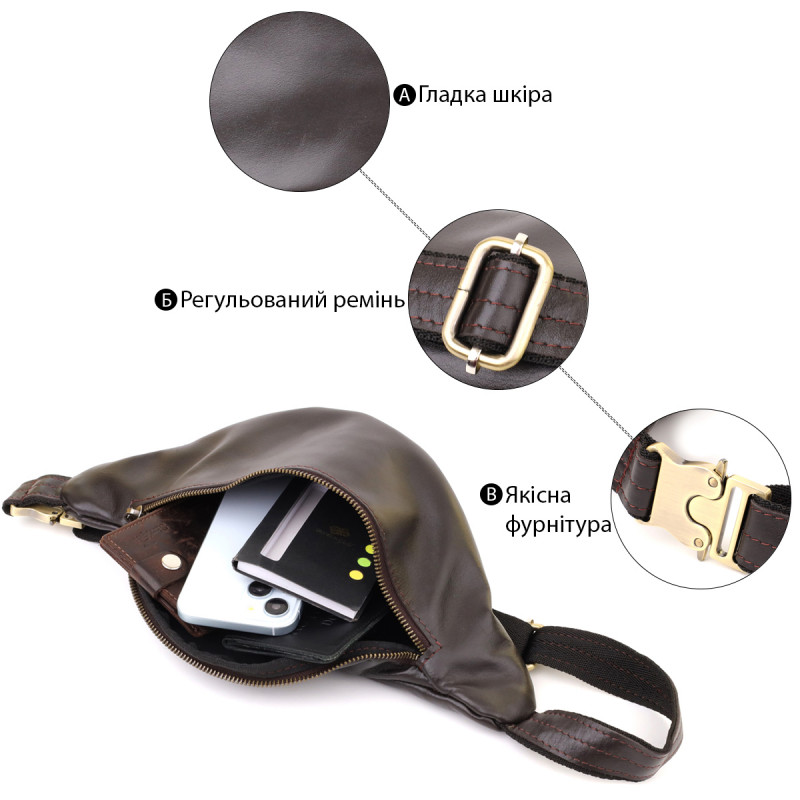 Сумка бананка отменного качества из гладкой натуральной кожи Shvigel Коричневый