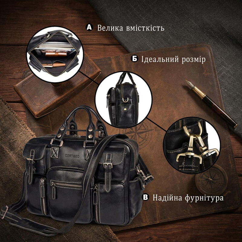 Кожаная сумка для ноутбука работы поездок и документов Vintage Черная