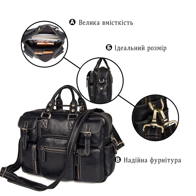 Кожаная сумка для ноутбука работы поездок и документов Vintage Черная