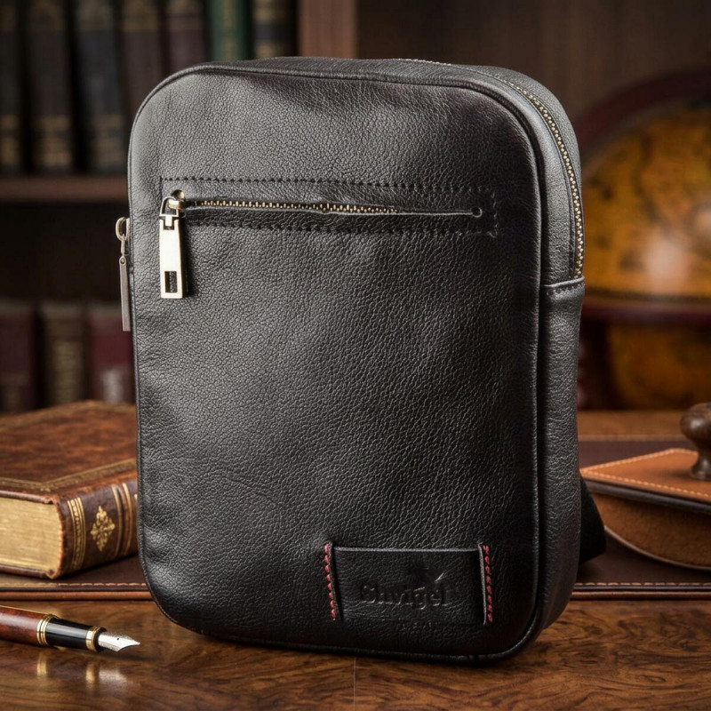 Чоловіча шкіряна сумка через плече для документів та міста SHVIGEL Чорна