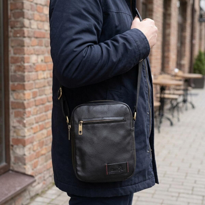 Чоловіча шкіряна сумка через плече для документів та міста SHVIGEL Чорна