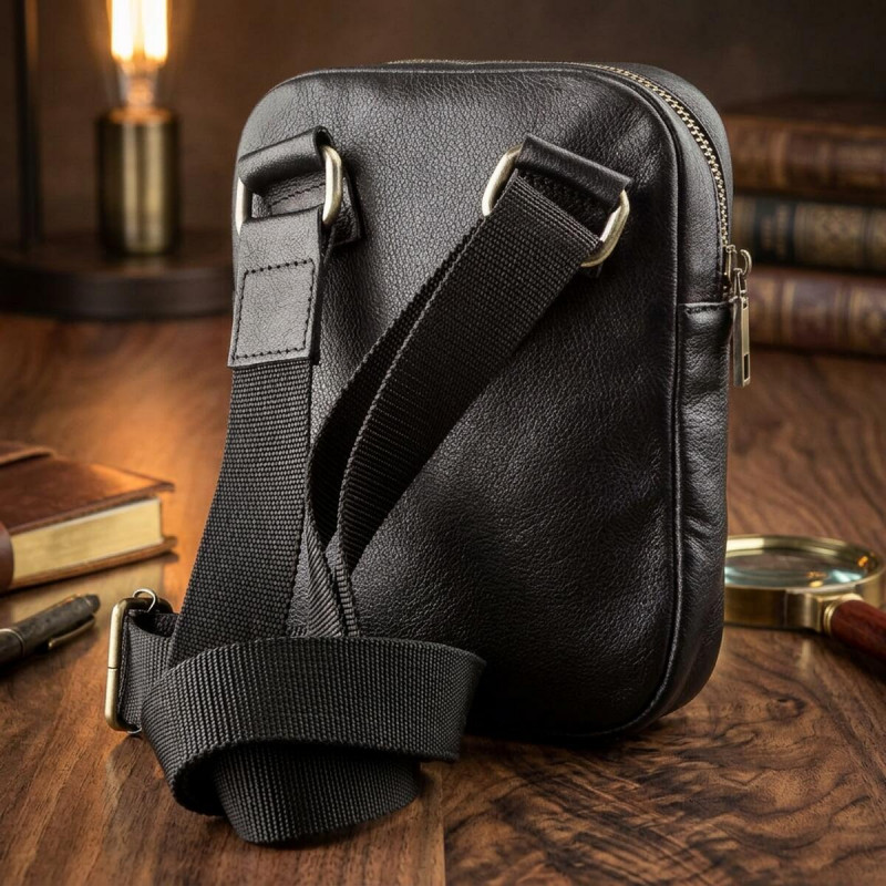 Чоловіча шкіряна сумка через плече для документів та міста SHVIGEL Чорна