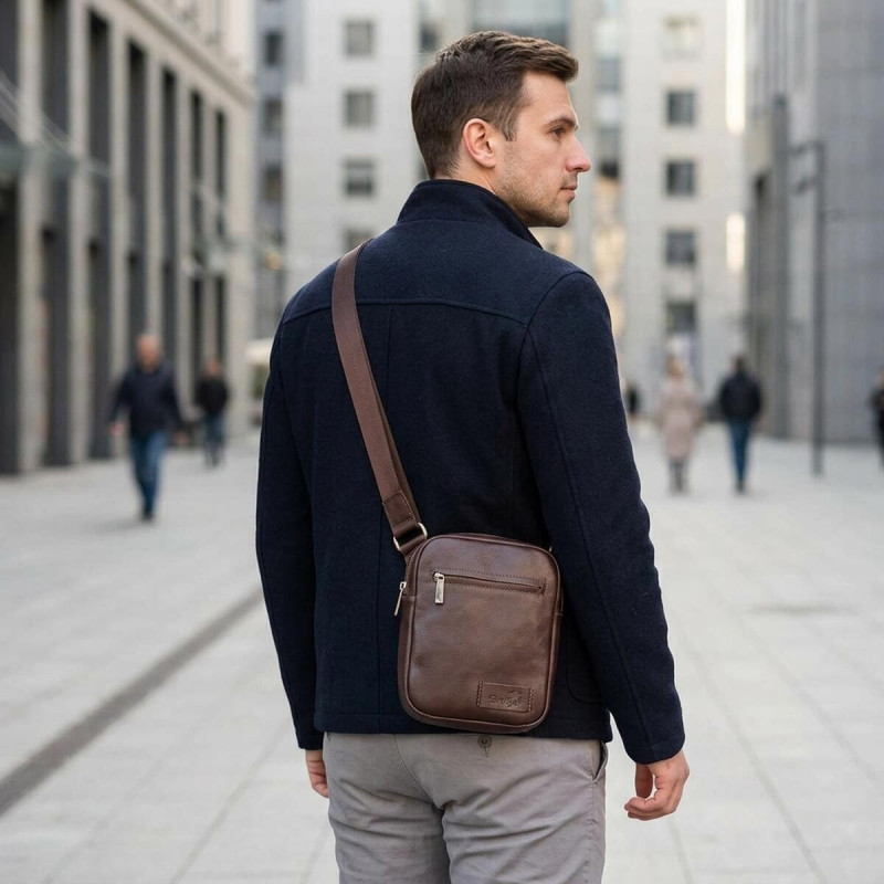 Чоловіча шкіряна сумка через плече для документів та міста SHVIGEL Коричнева