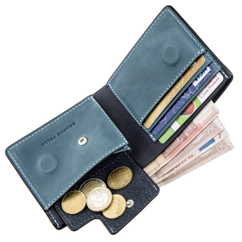 Оригинальное портмоне комби двух цветов унисекс на магните GRANDE PELLE Синее