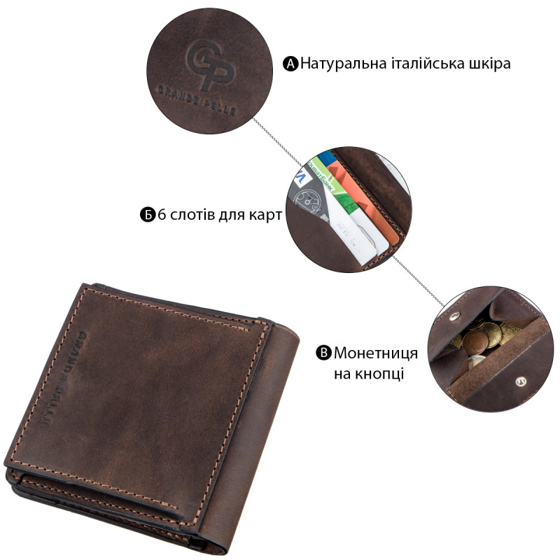 Стильне портмоне унісекс з накладної монетницьою GRANDE PELLE Коричнева