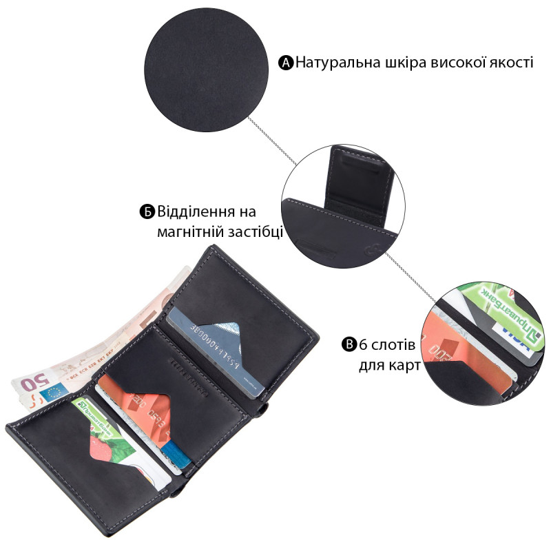 Суворе компактне портмоне унісекс на магніті GRANDE PELLE Чорне