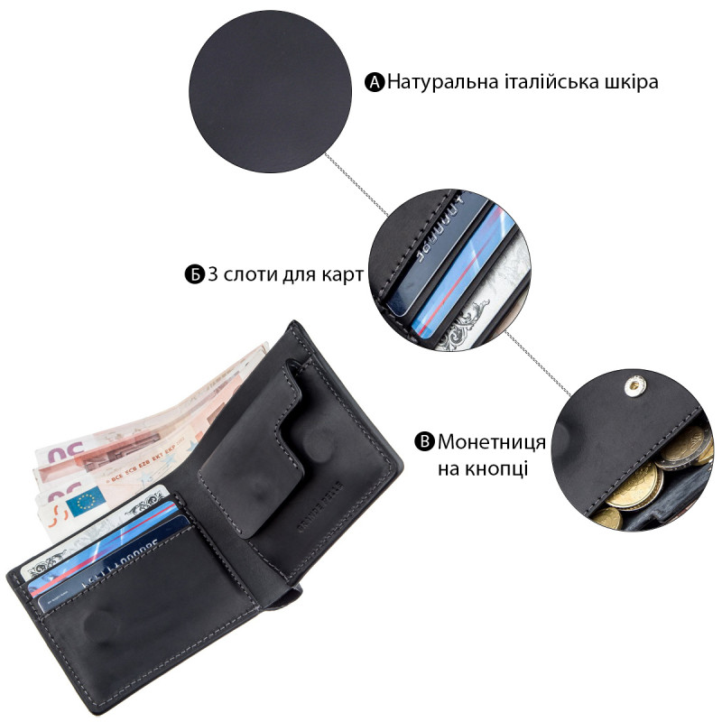 Функциональное портмоне унисекс на магните GRANDE PELLE Черное