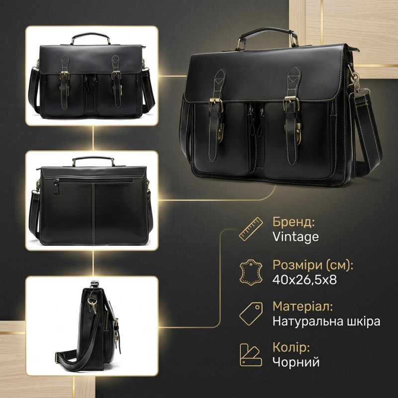 Портфель чоловічий зі шкіри на плече Vintage Чорний