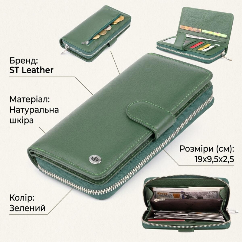 Вертикальний місткий гаманець зі шкіри унісекс ST Leather Зелений