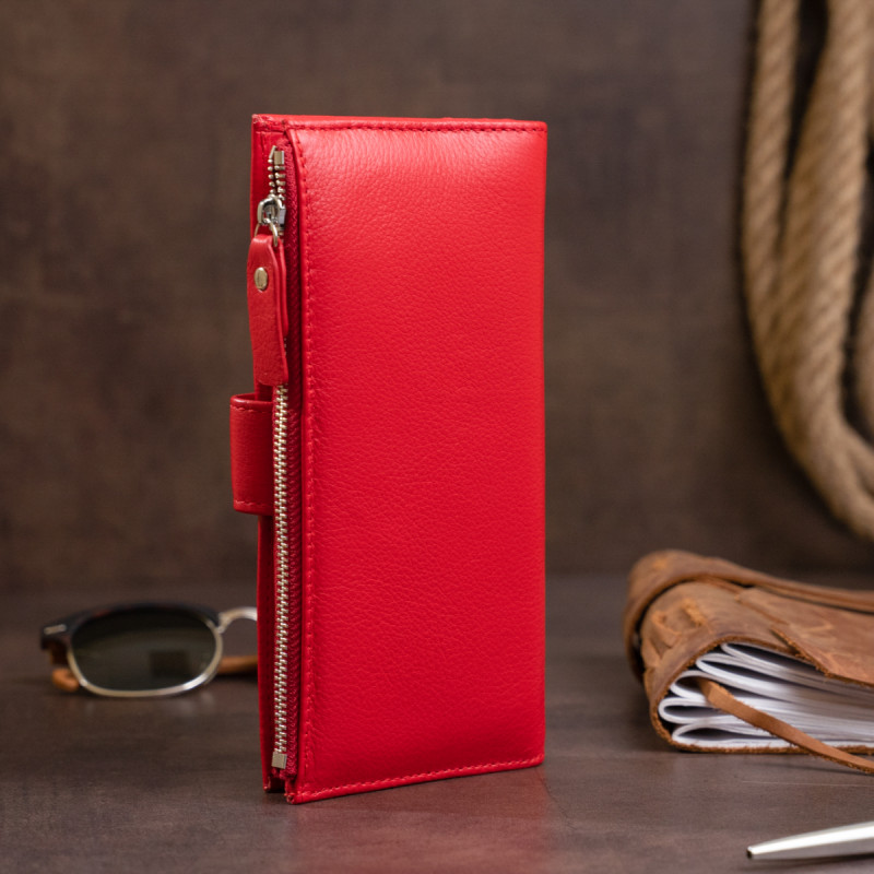 Оригинальный кошелек кожаный женский на хлястике с кнопкой ST Leather Красный
